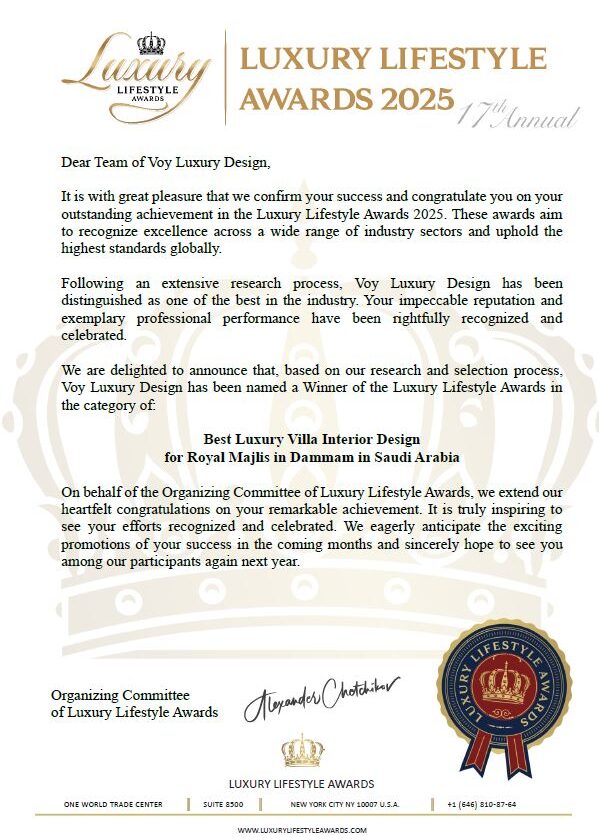 Luxury Lifestyle Awards 2025 winner certificate for Best Luxury Villa Interior Design in Saudi Arabia